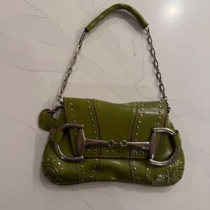 Rina Rich Lime Green Studded Horsebit Shoulder Bag Y2K McBling Baguette Handbag